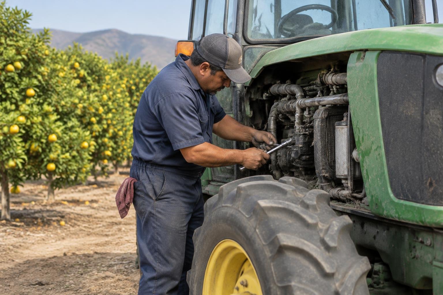 Mechanic repairing a tractor beside a citrus orchard — illustrative image for Fillmore agricultural equipment services Mechanic repairing a tractor beside a citrus orchard — illustrative image for Fillmore agricultural equipment services