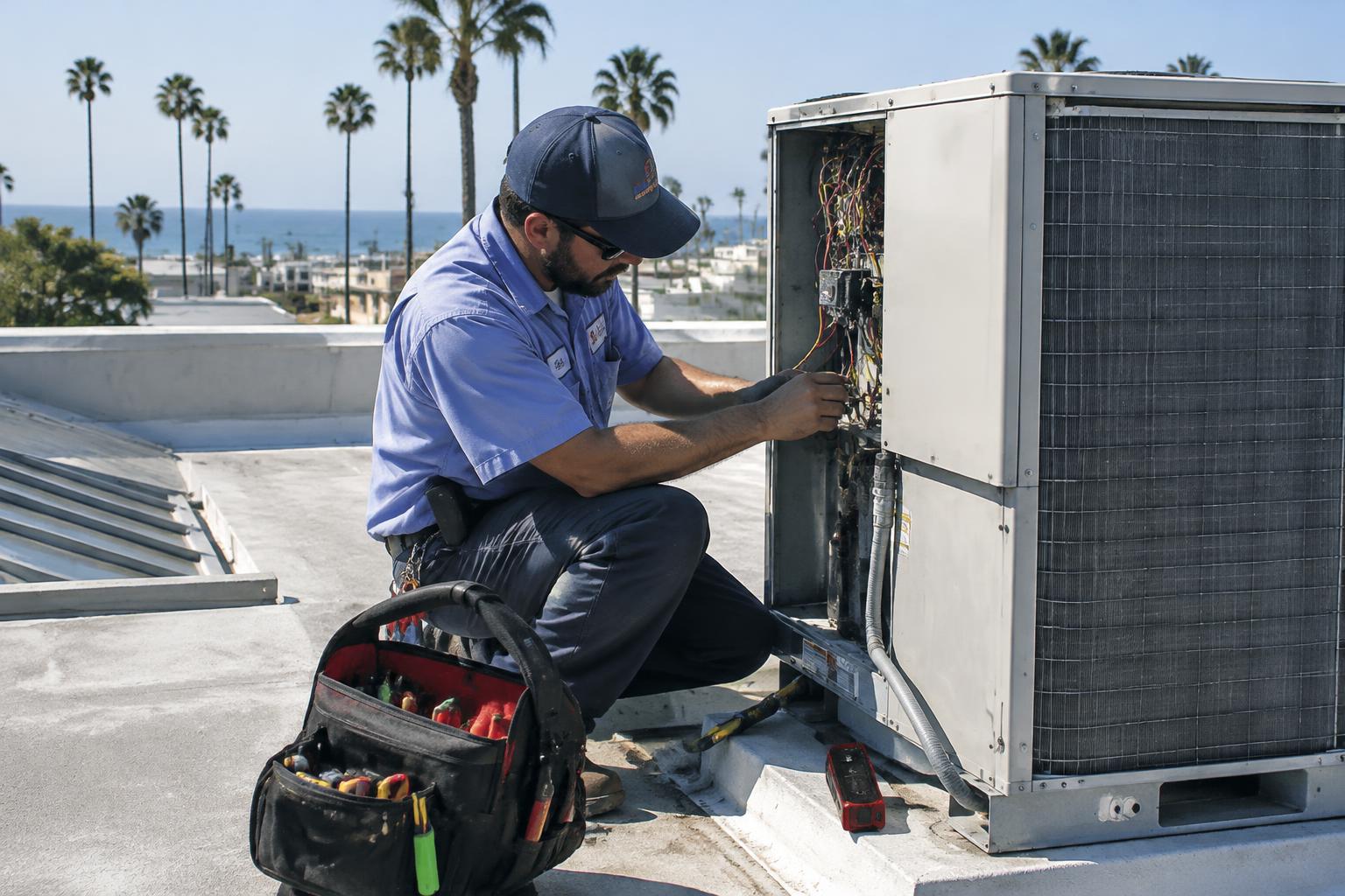 Oxnard HVAC technician repairing a rooftop unit — local SEO for HVAC companies in Oxnard, CA