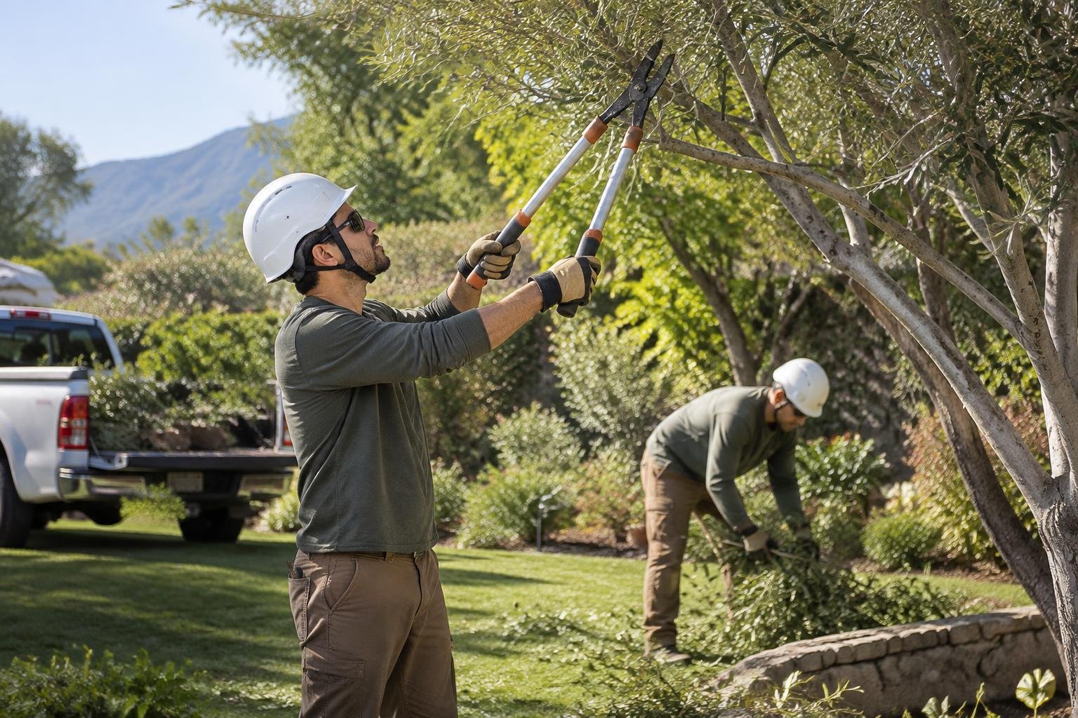 Tree-care crew pruning a tree and gathering branches — illustrative image for Santa Paula tree-service businesses