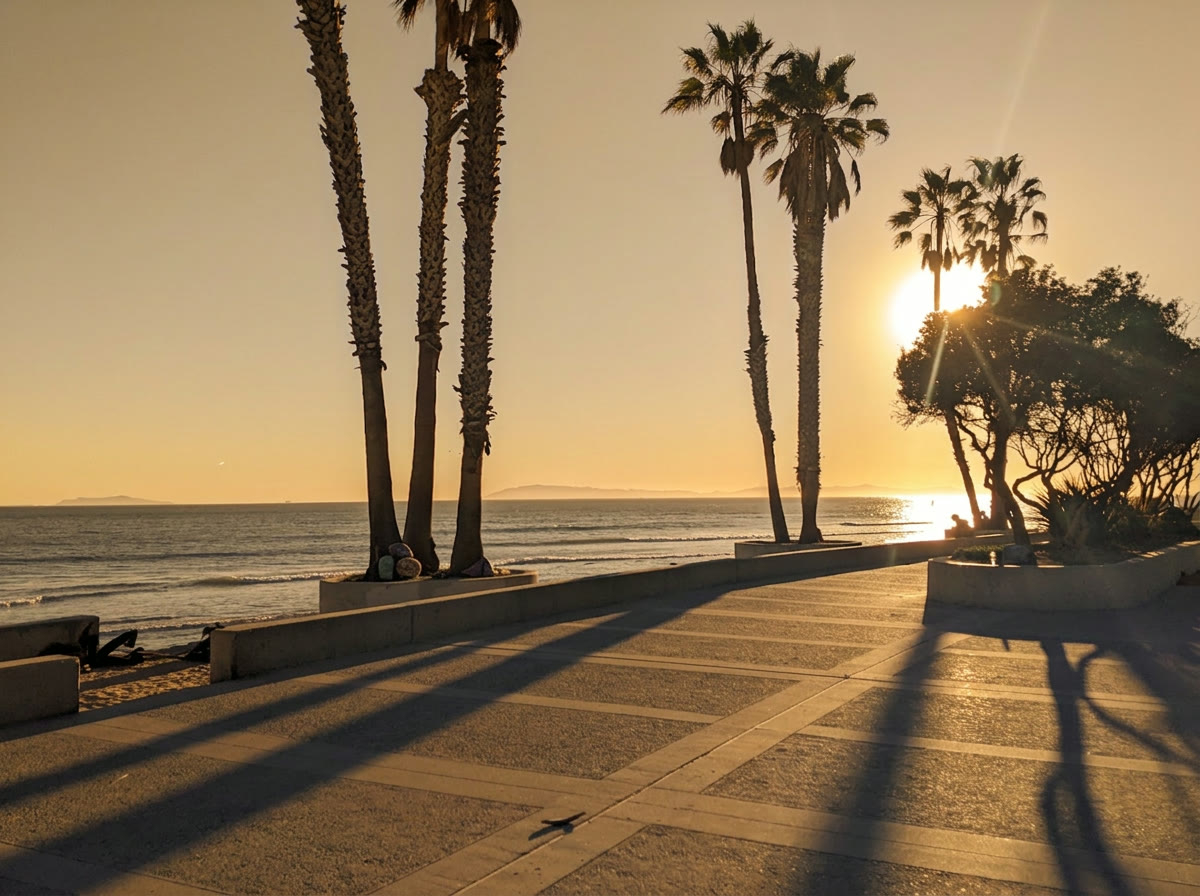 Palm-lined beachfront promenade in Ventura, California at golden hour — local SEO services for Ventura businesses