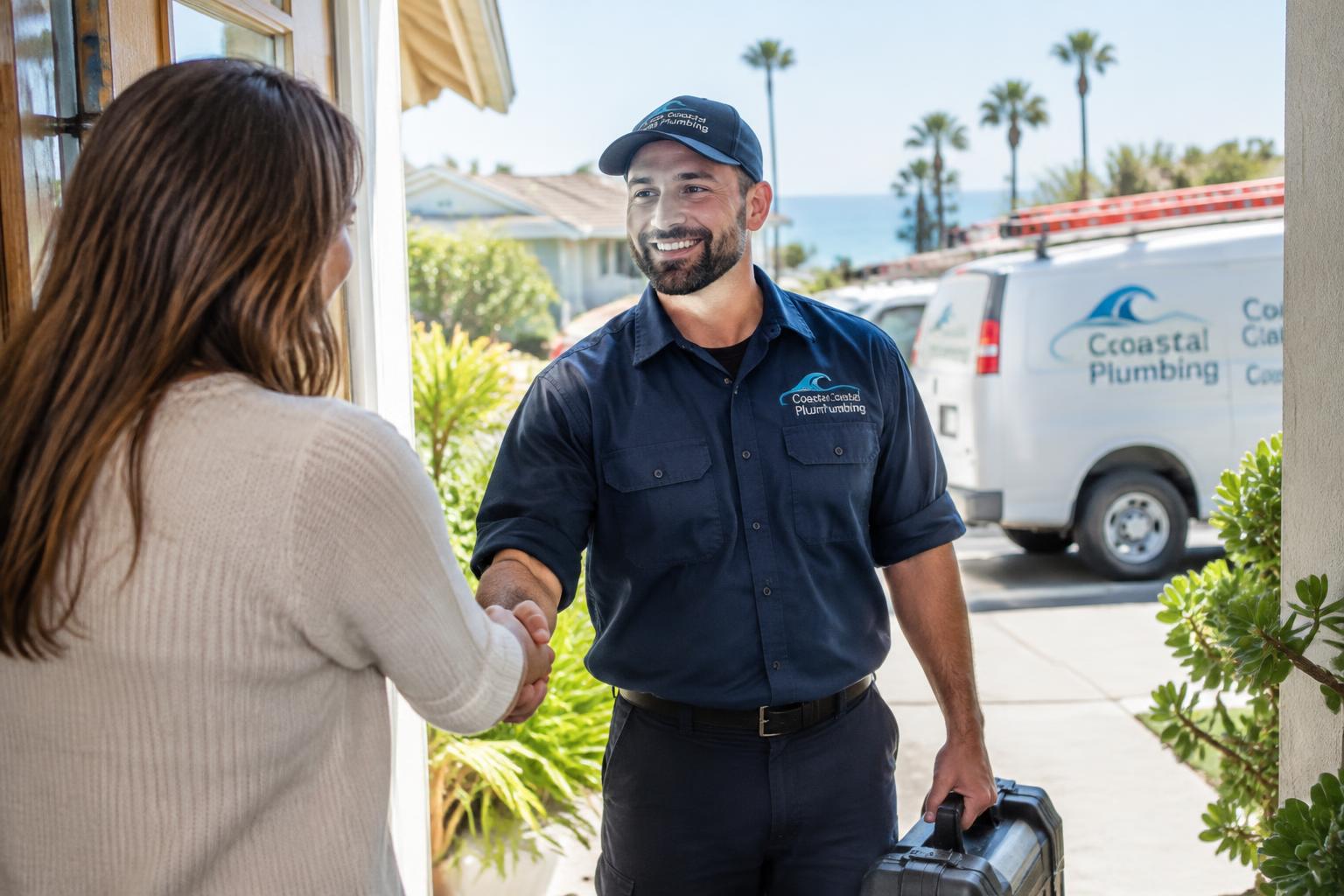 Ventura plumber shaking hands with a homeowner — local SEO for plumbing companies in Ventura, CA